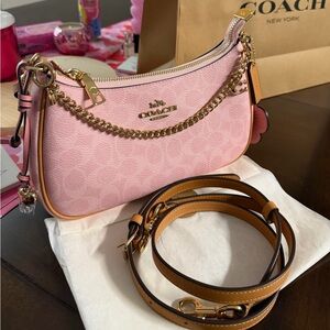 Coach Pink Pebbled Leather Shoulder Bag with Gold Chain